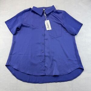 NWT OMSJ Shirt Womens L Blue Short Sleeve Chest Pocket High Low Hem Button Up